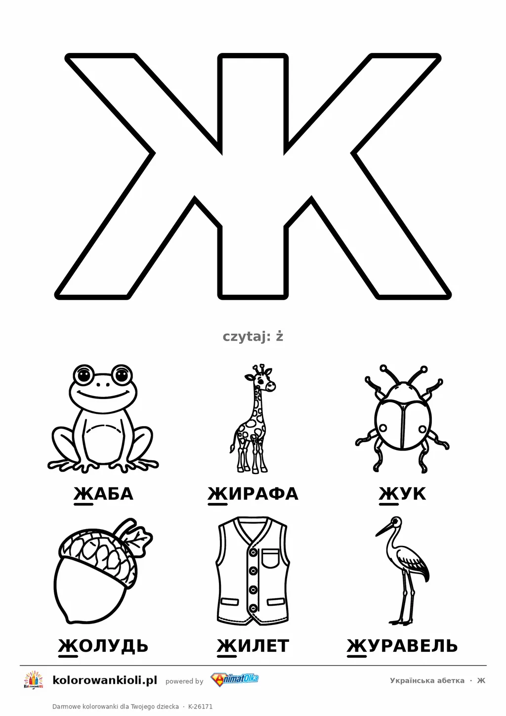 Alfabet ukraiński, litera Ж do kolorowania i sześć obrazków: жаба, жирафа, жук, жолудь, жилет, журавель — karta do druku