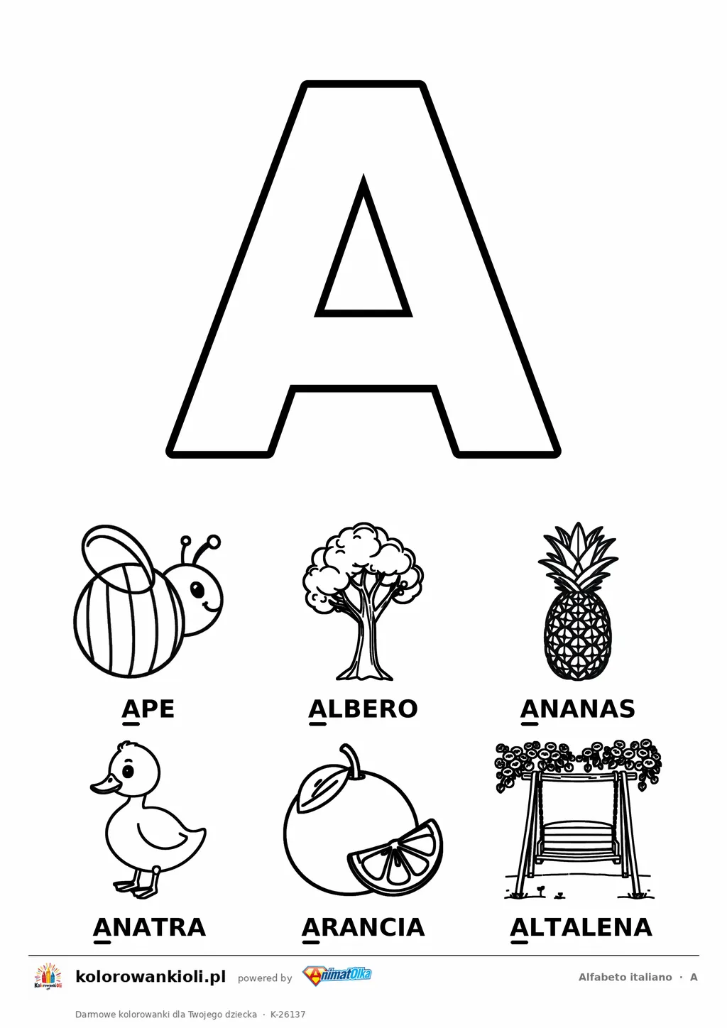 Alfabet włoski, litera A do kolorowania i sześć obrazków: ape, albero, ananas, anatra, arancia, altalena — karta do druku
