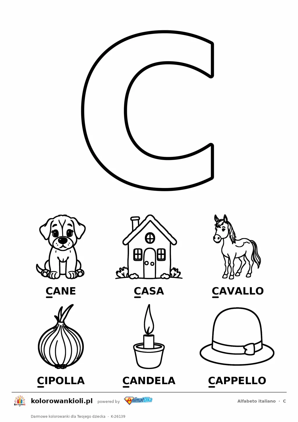 Alfabet włoski, litera C do kolorowania i sześć obrazków: cane, casa, cavallo, cipolla, candela, cappello — karta do druku
