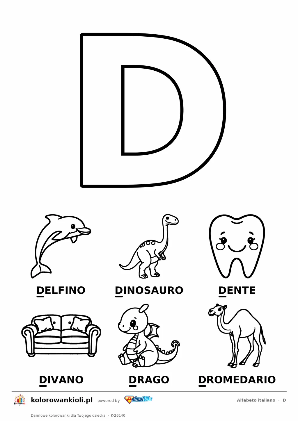 Alfabet włoski, litera D do kolorowania i sześć obrazków: delfino, dinosauro, dente, divano, drago, dromedario — karta do druku