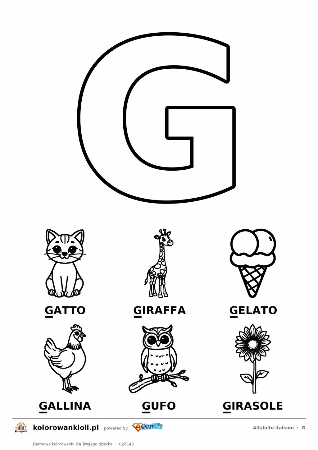 Alfabet włoski, litera G do kolorowania i sześć obrazków: gatto, giraffa, gelato, gallina, gufo, girasole — karta do druku