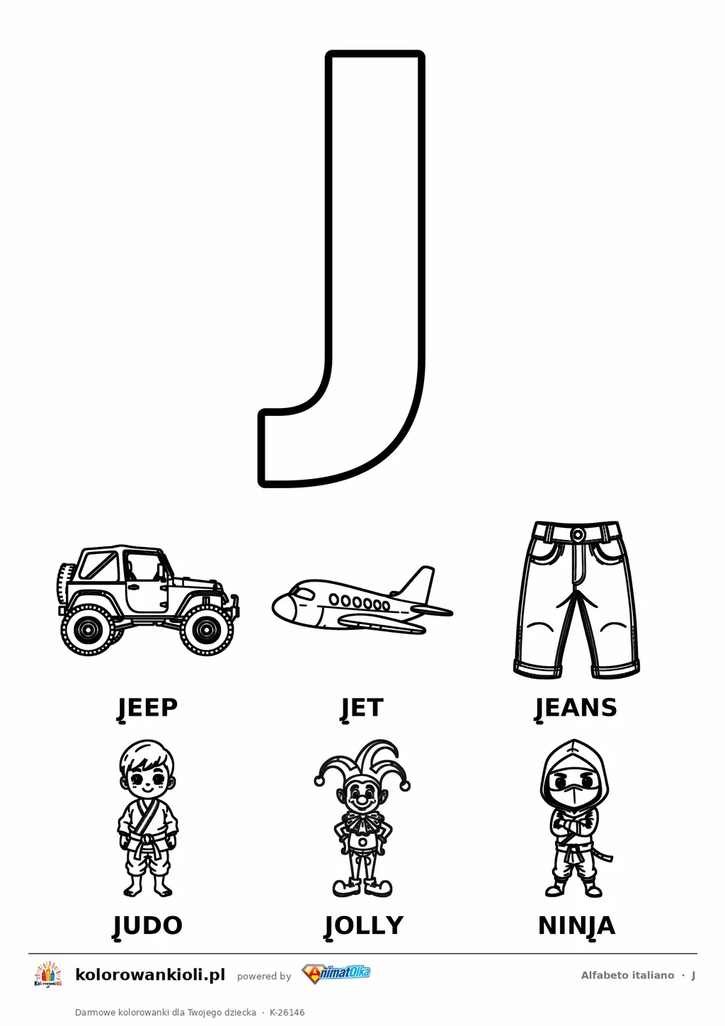 Alfabet włoski, litera J do kolorowania i sześć obrazków: jeep, jet, jeans, judo, jolly, ninja — karta do druku