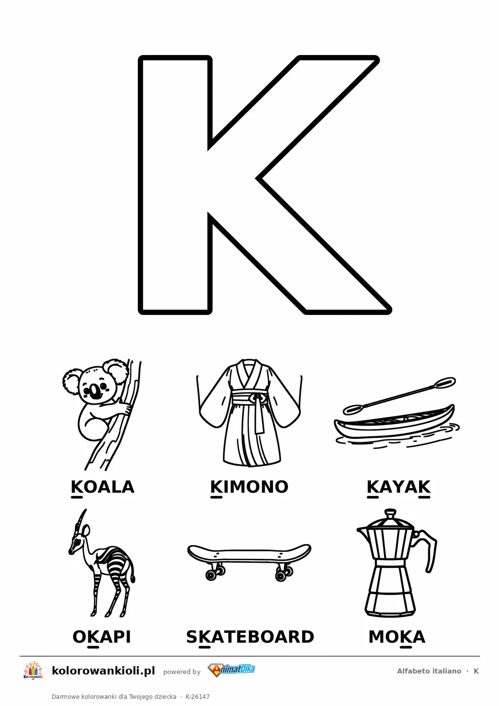 Alfabet włoski, litera K do kolorowania i sześć obrazków: koala, kimono, kayak, okapi, skateboard, moka — karta do druku