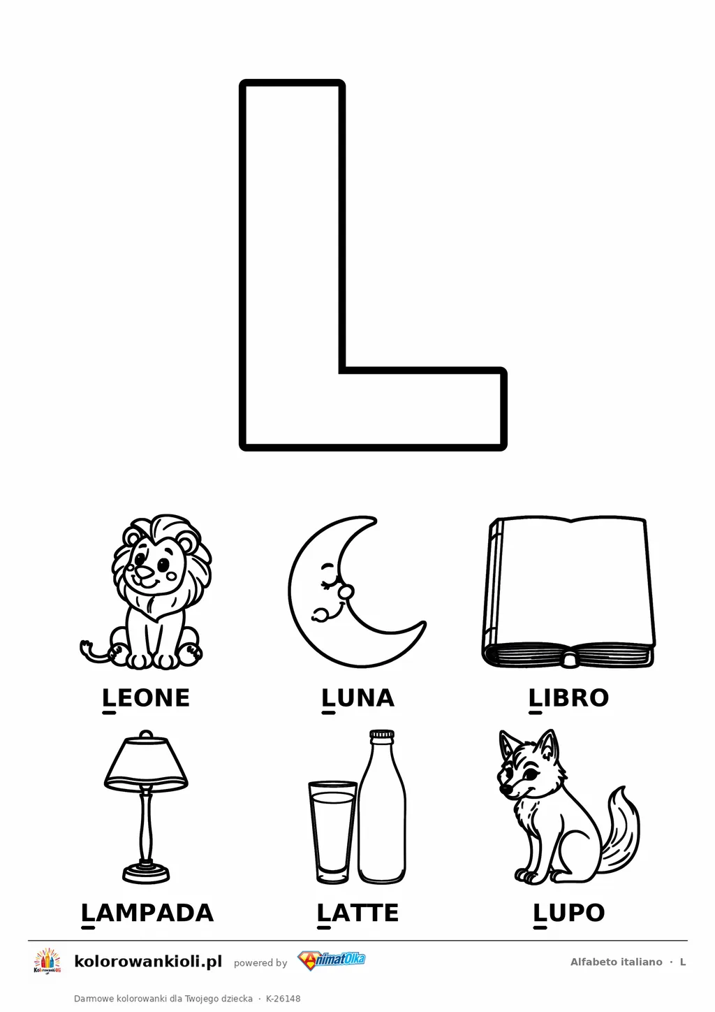 Alfabet włoski, litera L do kolorowania i sześć obrazków: leone, luna, libro, lampada, latte, lupo — karta do druku