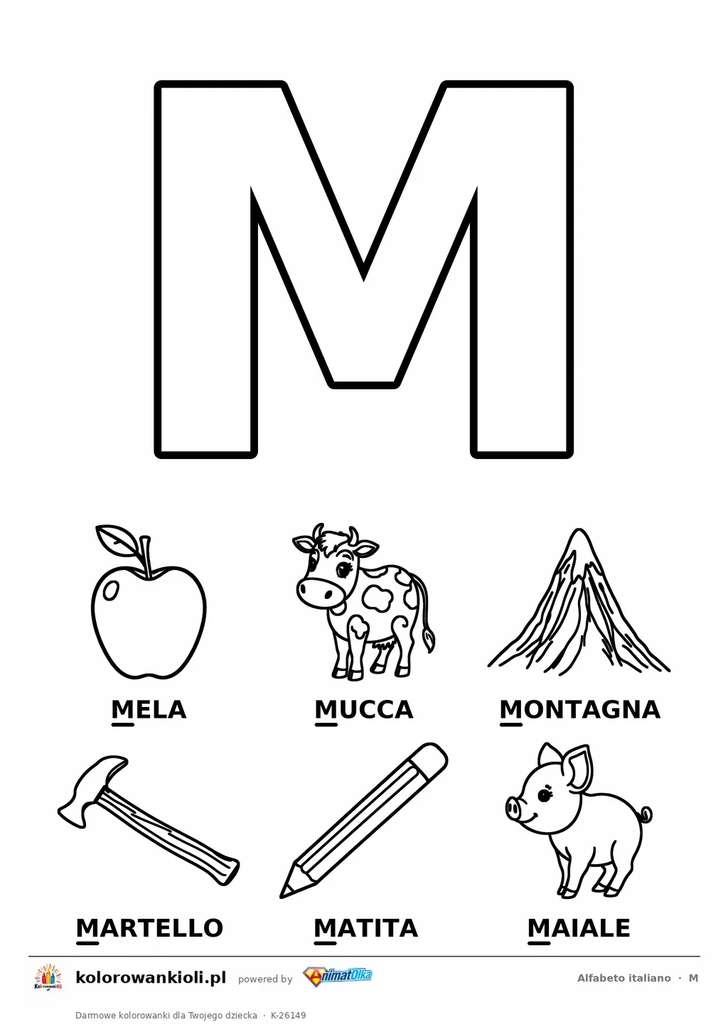 Alfabet włoski, litera M do kolorowania i sześć obrazków: mela, mucca, montagna, martello, matita, maiale — karta do druku