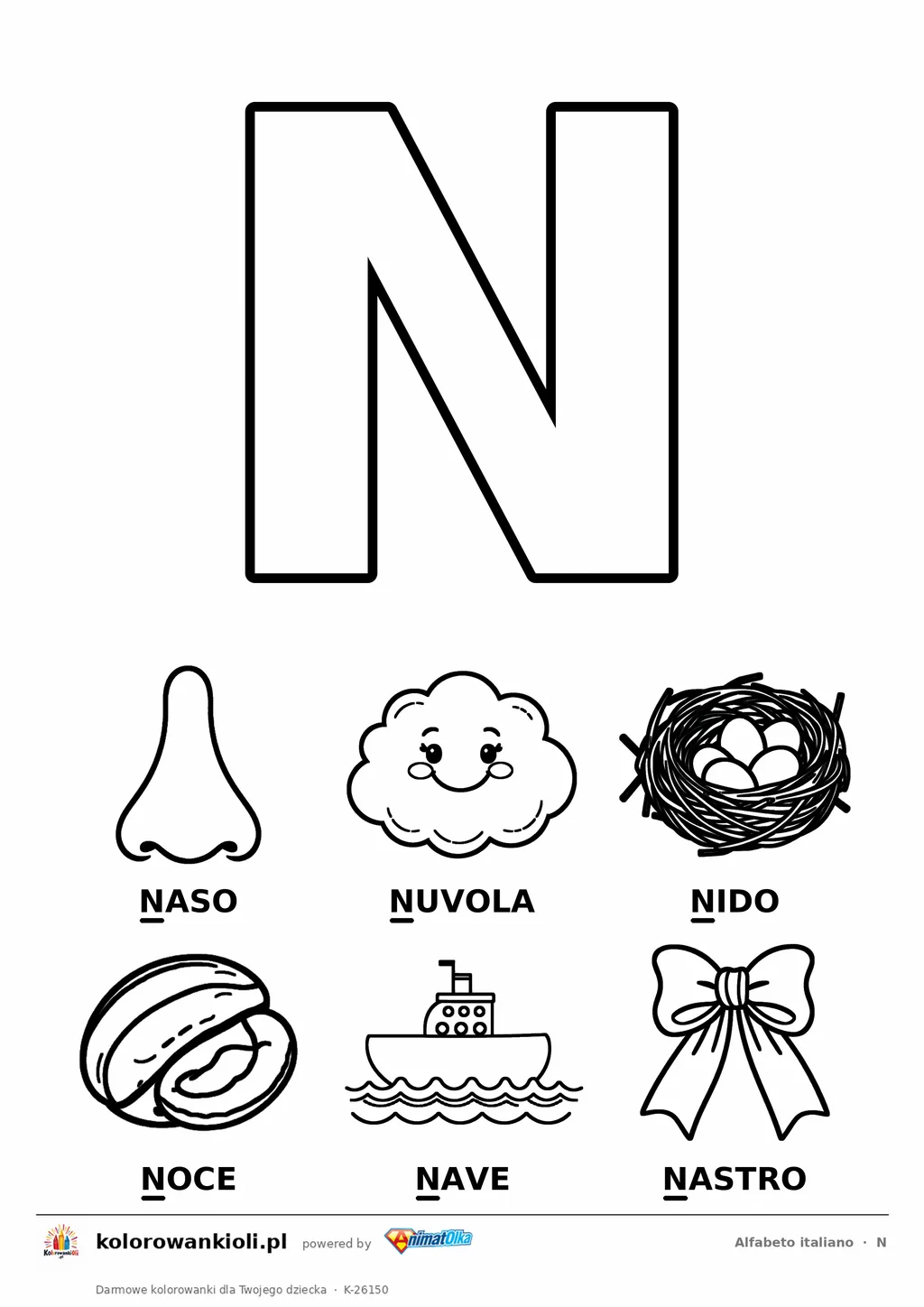 Alfabet włoski, litera N do kolorowania i sześć obrazków: naso, nuvola, nido, noce, nave, nastro — karta do druku