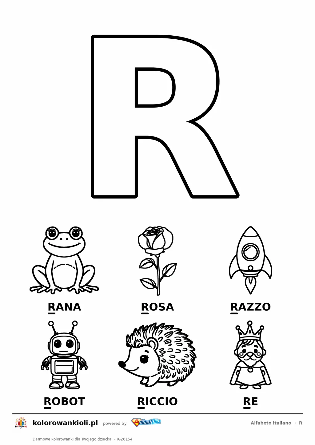 Alfabet włoski, litera R do kolorowania i sześć obrazków: rana, rosa, razzo, robot, riccio, re — karta do druku