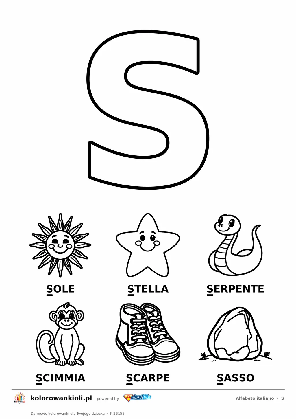 Alfabet włoski, litera S do kolorowania i sześć obrazków: sole, stella, serpente, scimmia, scarpe, sasso — karta do druku
