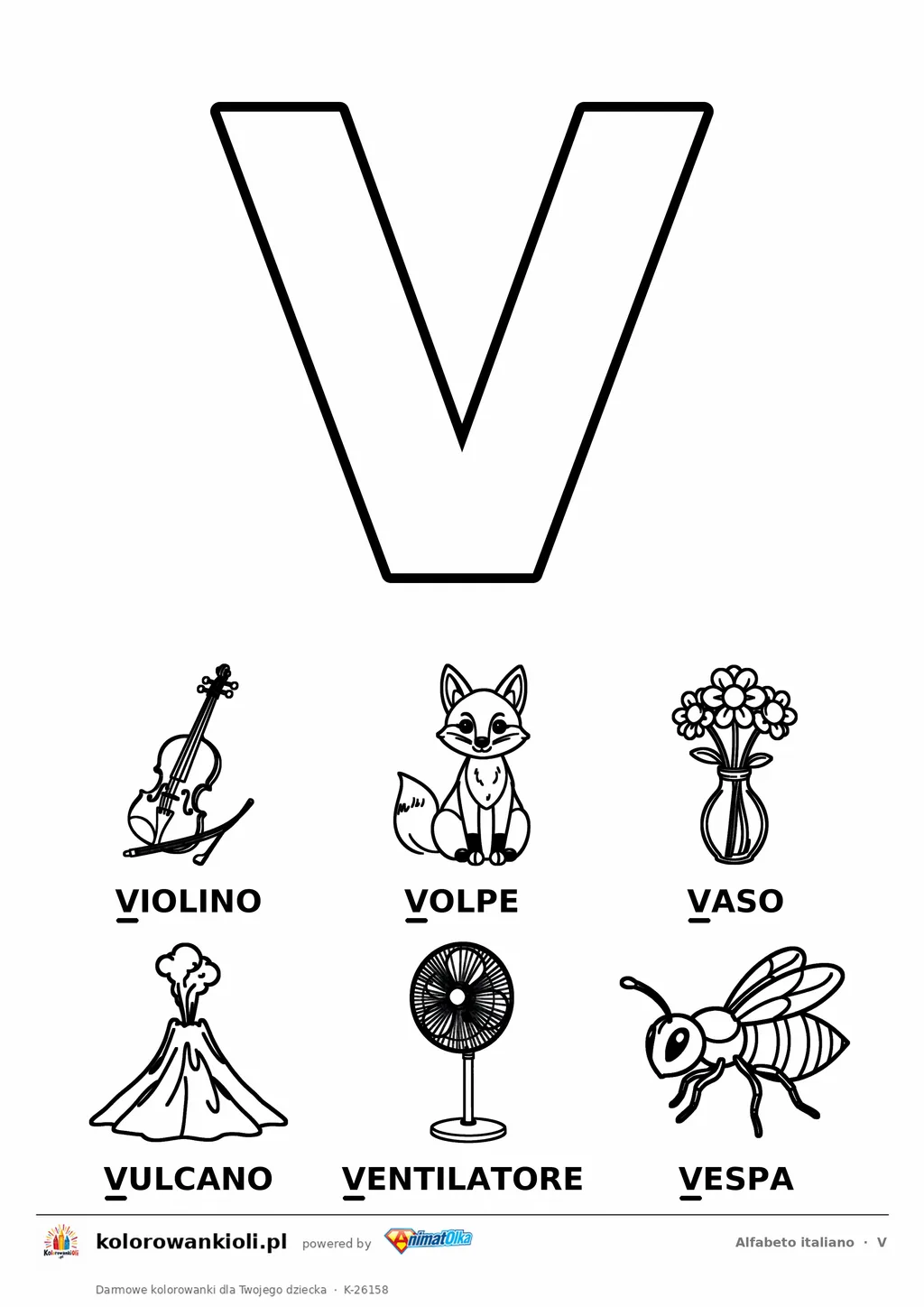 Alfabet włoski, litera V do kolorowania i sześć obrazków: violino, volpe, vaso, vulcano, ventilatore, vespa — karta do druku