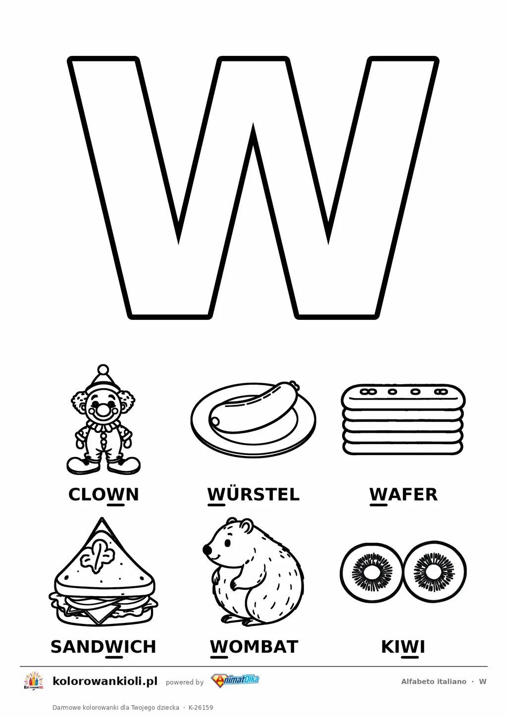 Alfabet włoski, litera W do kolorowania i sześć obrazków: clown, würstel, wafer, sandwich, wombat, kiwi — karta do druku
