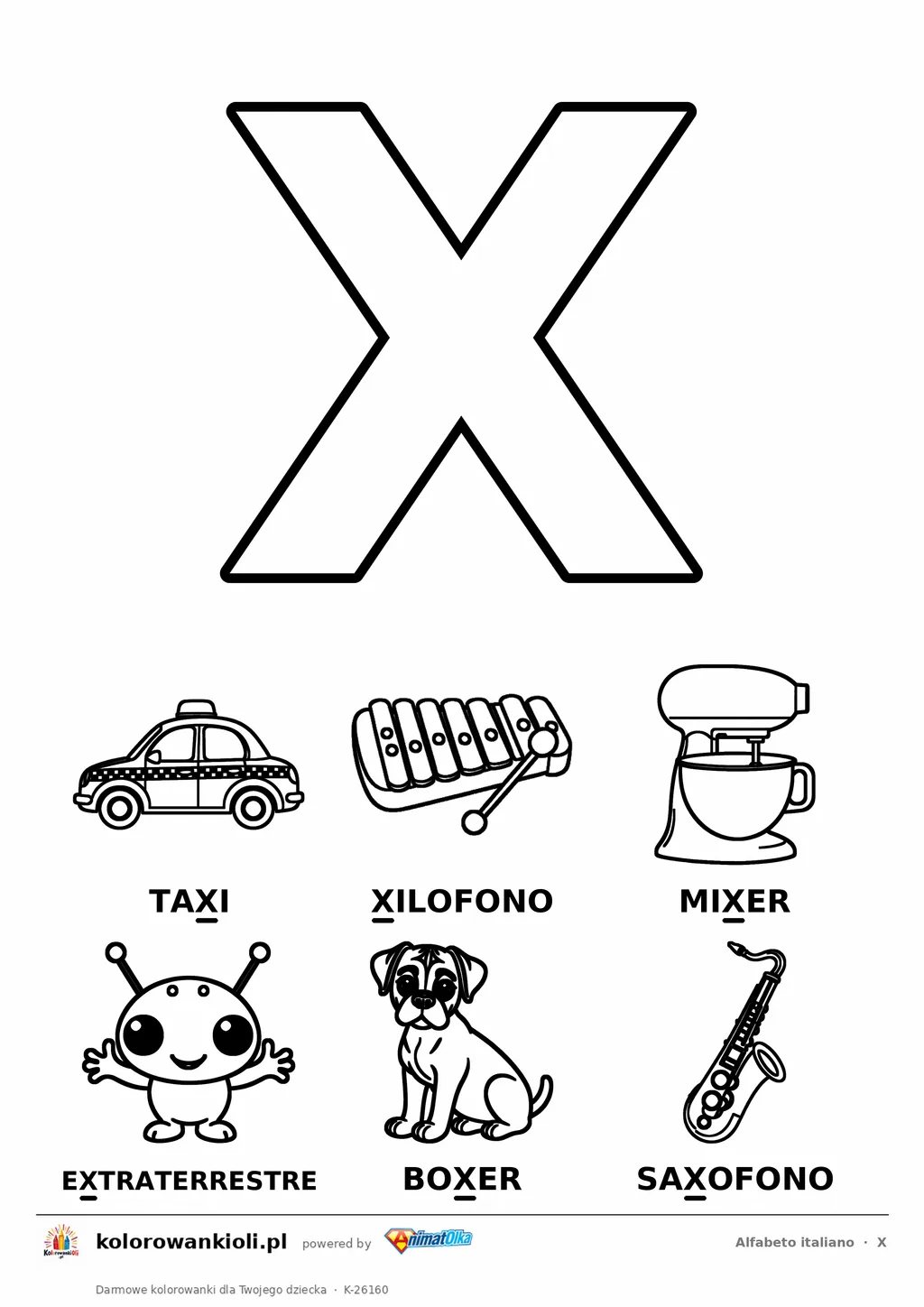 Alfabet włoski, litera X do kolorowania i sześć obrazków: taxi, xilofono, mixer, extraterrestre, boxer, saxofono — karta do druku