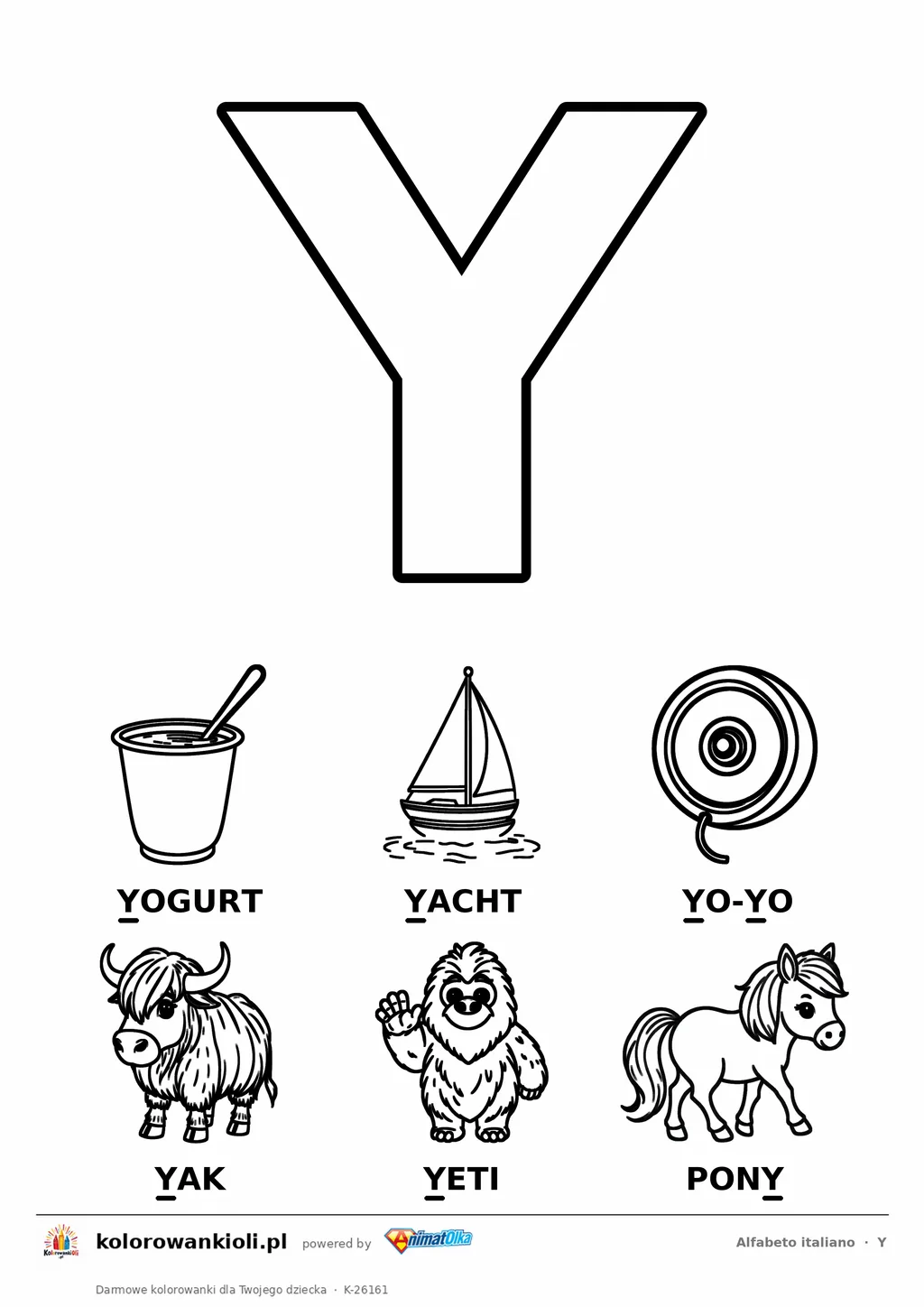 Alfabet włoski, litera Y do kolorowania i sześć obrazków: yogurt, yacht, yo-yo, yak, yeti, pony — karta do druku