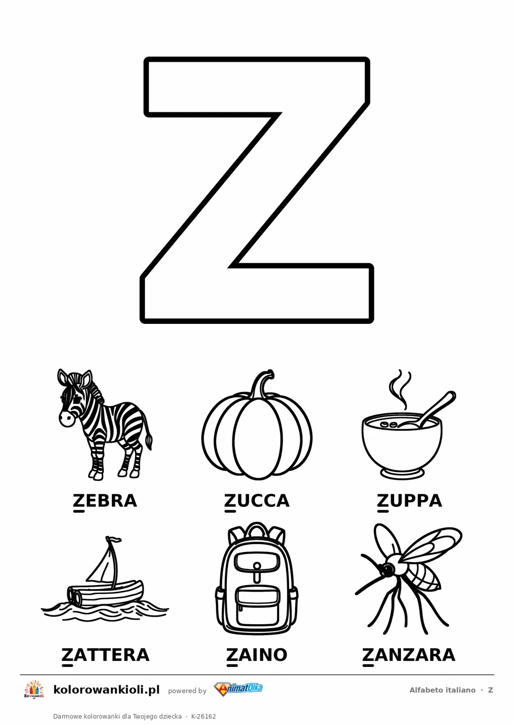 Alfabet włoski, litera Z do kolorowania i sześć obrazków: zebra, zucca, zuppa, zattera, zaino, zanzara — karta do druku