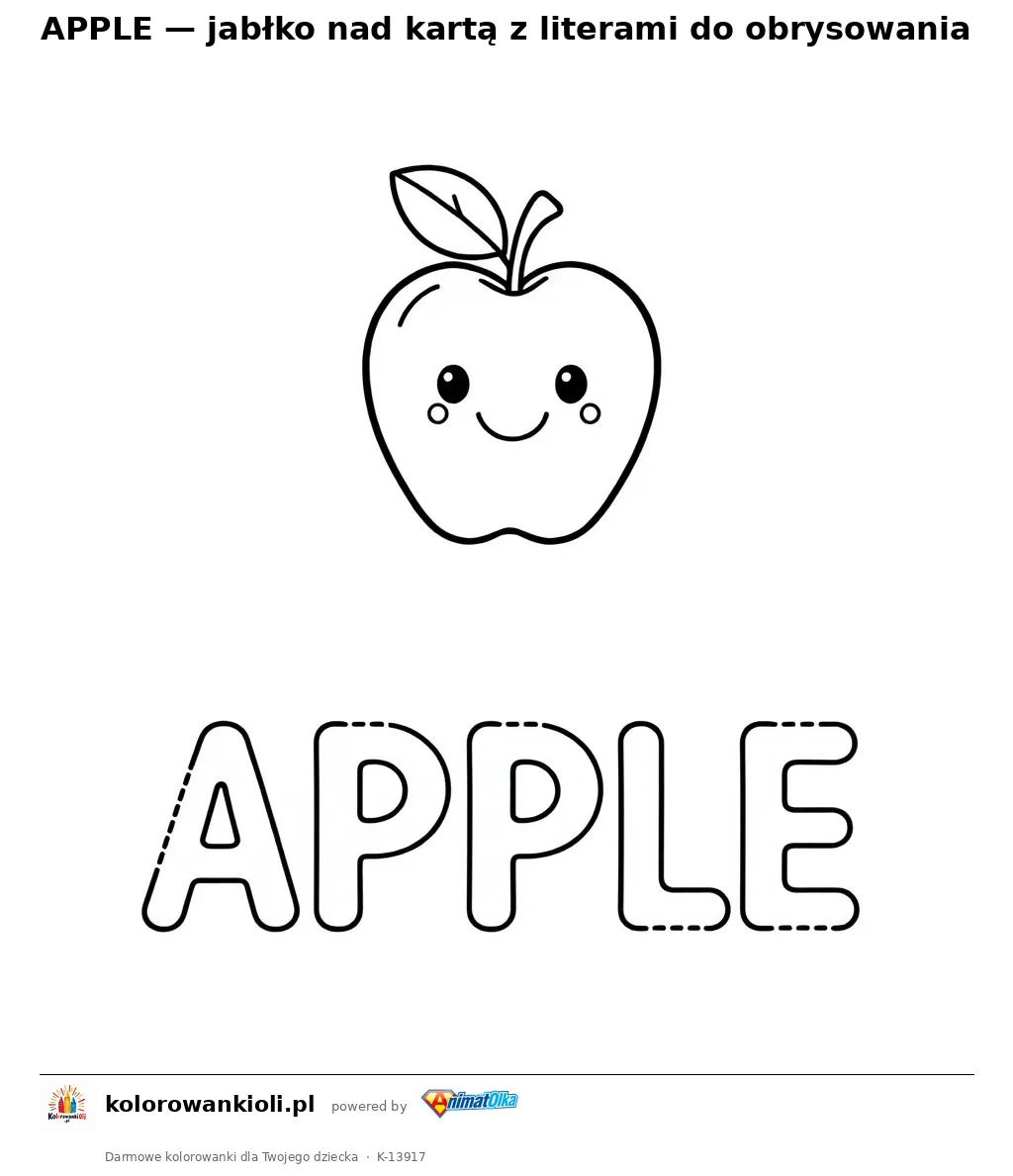 APPLE — jabłko nad kartą z literami do obrysowania — kolorowanka do wydruku dla dzieci