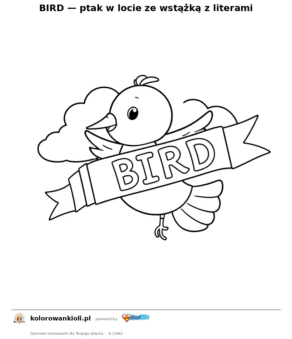 BIRD — ptak w locie ze wstążką z literami — kolorowanka do wydruku dla dzieci