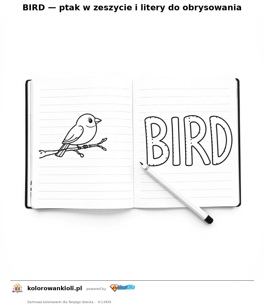 BIRD — ptak w zeszycie i litery do obrysowania — kolorowanka do wydruku dla dzieci