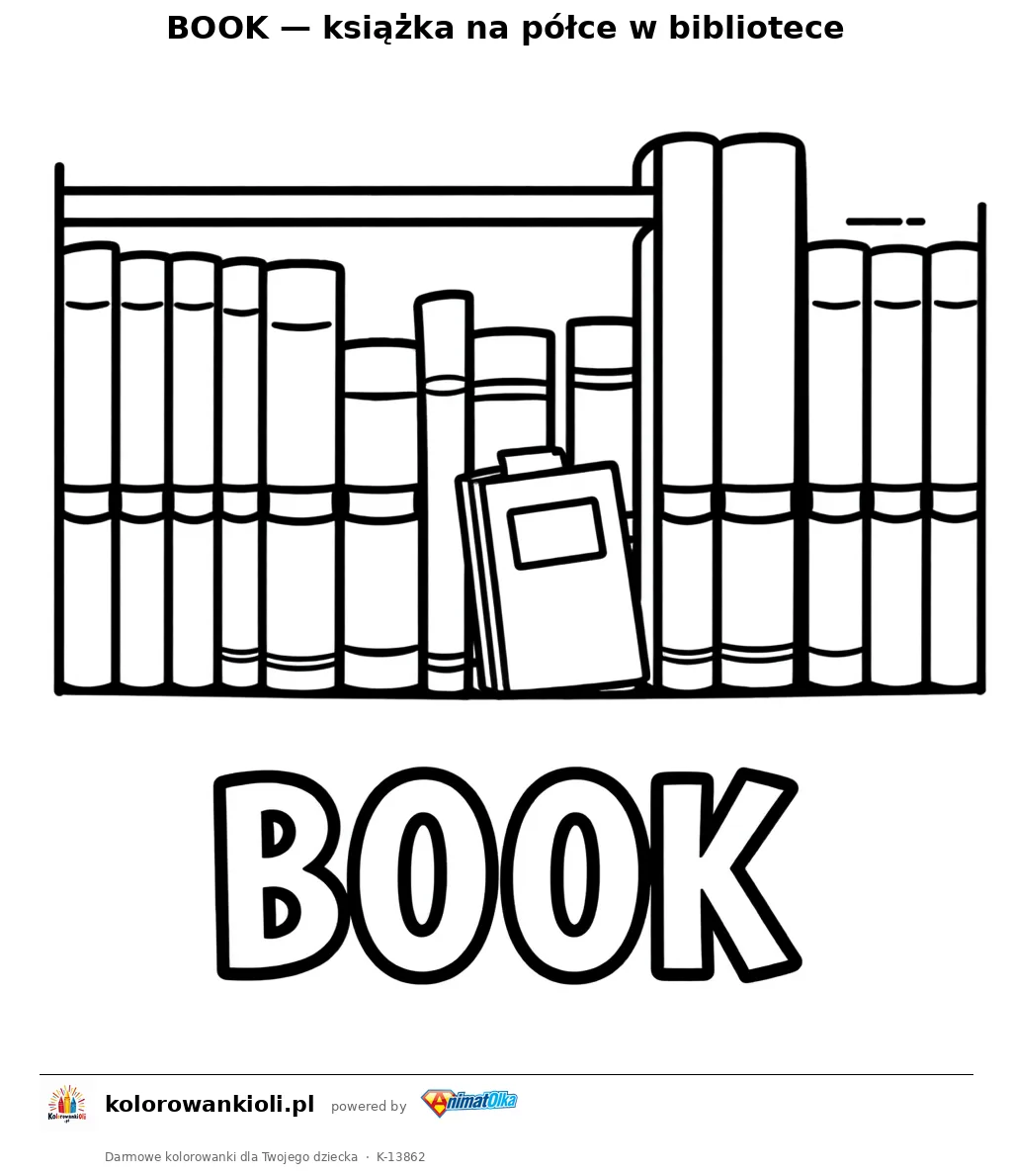 BOOK — książka na półce w bibliotece — kolorowanka do wydruku dla dzieci