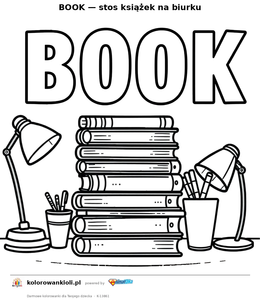 BOOK — stos książek na biurku — kolorowanka do wydruku dla dzieci