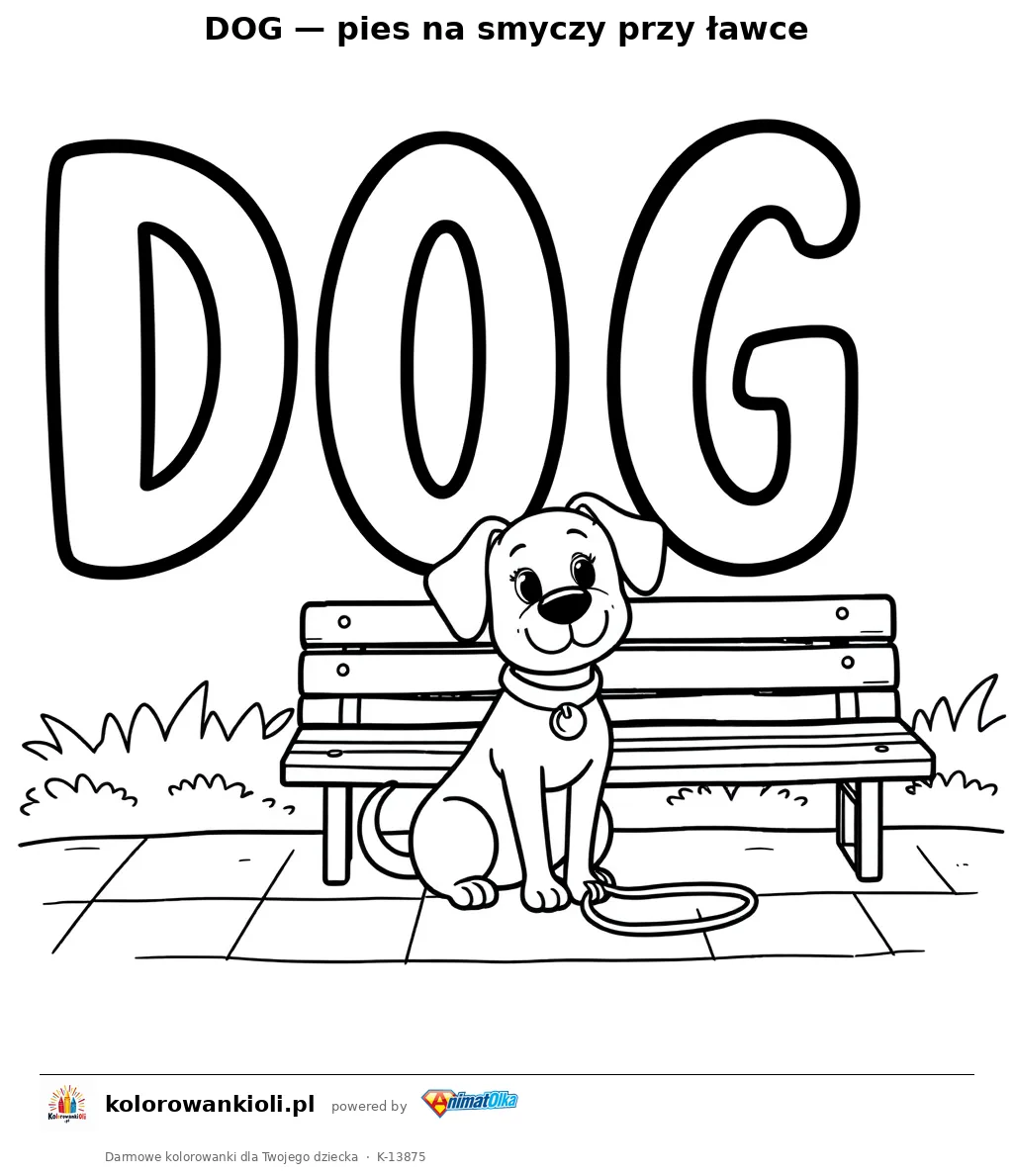 DOG — pies na smyczy przy ławce — kolorowanka do wydruku dla dzieci