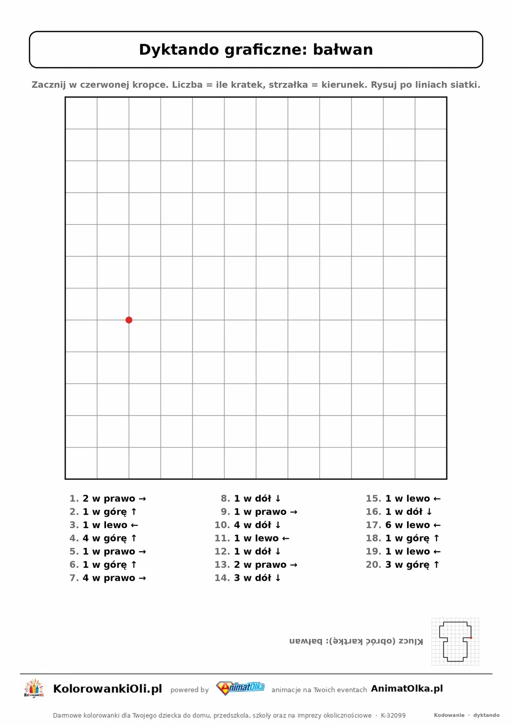 Dyktando graficzne bałwan — karta pracy do druku, siatka 12×12, 20 poleceń ze strzałkami, poziom łatwy