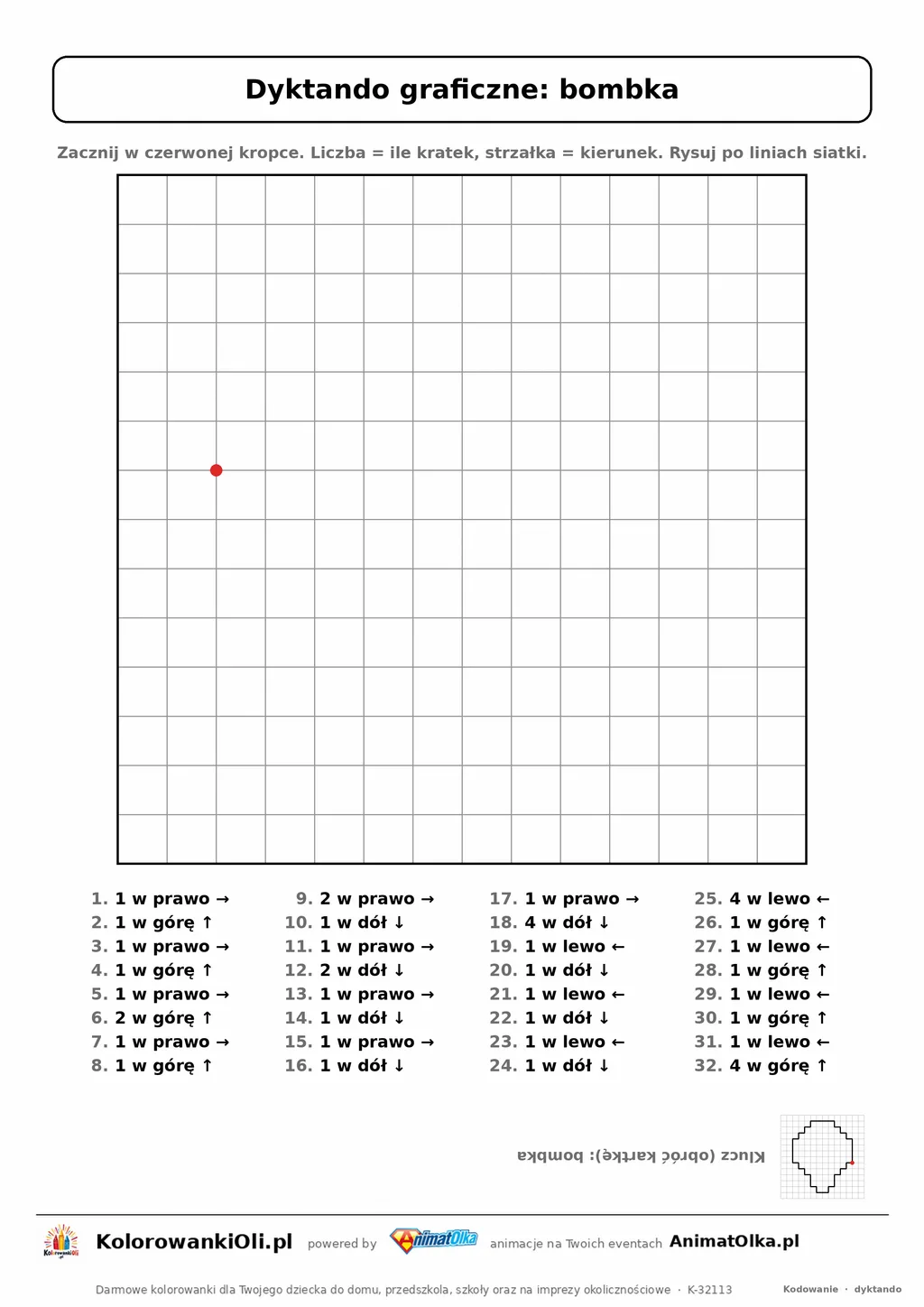 Dyktando graficzne bombka — karta pracy do druku, siatka 14×14, 32 polecenia ze strzałkami, poziom średni
