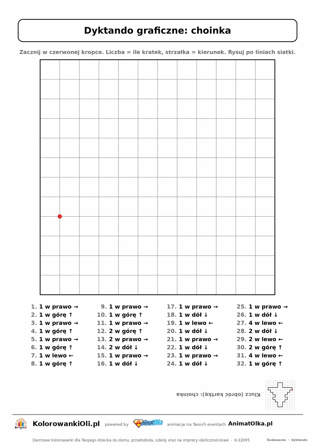 Dyktando graficzne choinka — karta pracy do druku, siatka 12×12, 32 polecenia ze strzałkami, poziom średni