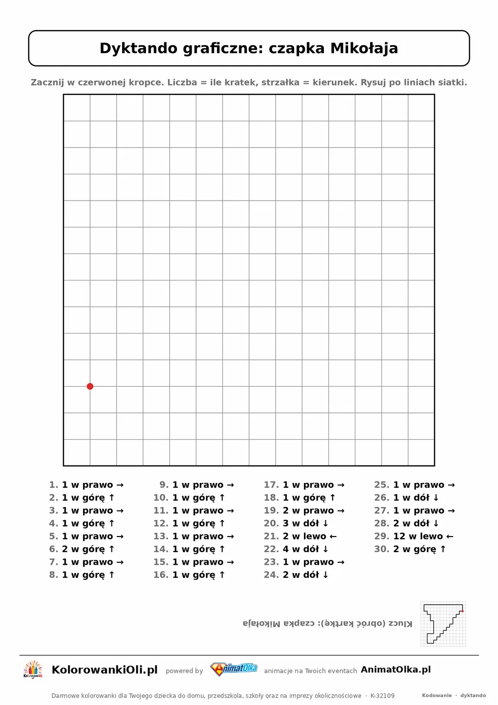 Dyktando graficzne czapka Mikołaja — karta pracy do druku, siatka 14×14, 30 poleceń ze strzałkami, poziom średni