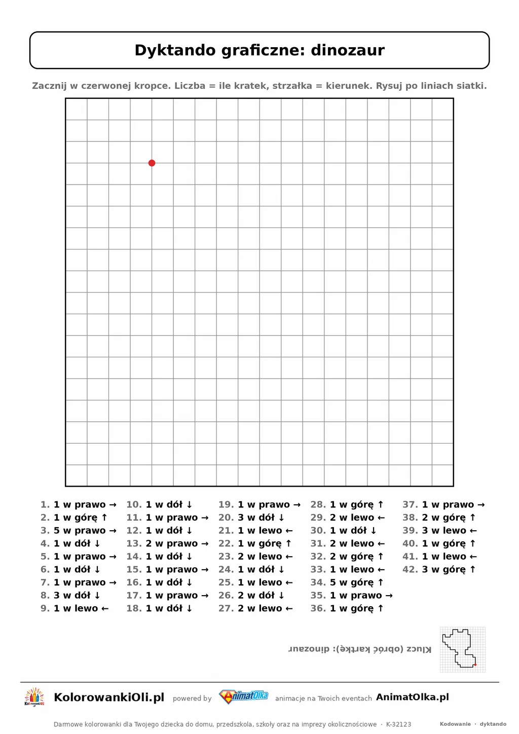 Dyktando graficzne dinozaur — karta pracy do druku, siatka 18×18, 42 polecenia ze strzałkami, poziom trudny
