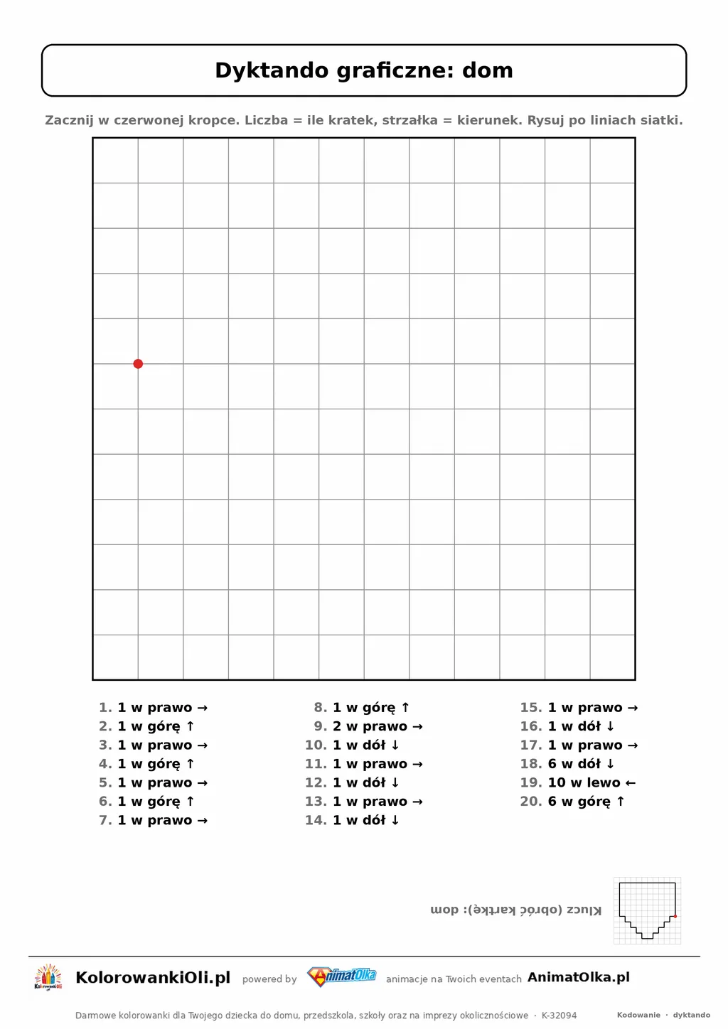 Dyktando graficzne dom — karta pracy do druku, siatka 12×12, 20 poleceń ze strzałkami, poziom łatwy