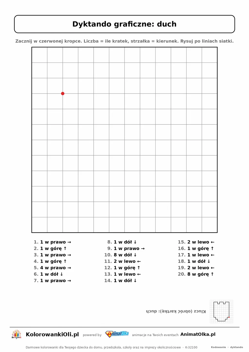 Dyktando graficzne duch — karta pracy do druku, siatka 12×12, 20 poleceń ze strzałkami, poziom łatwy