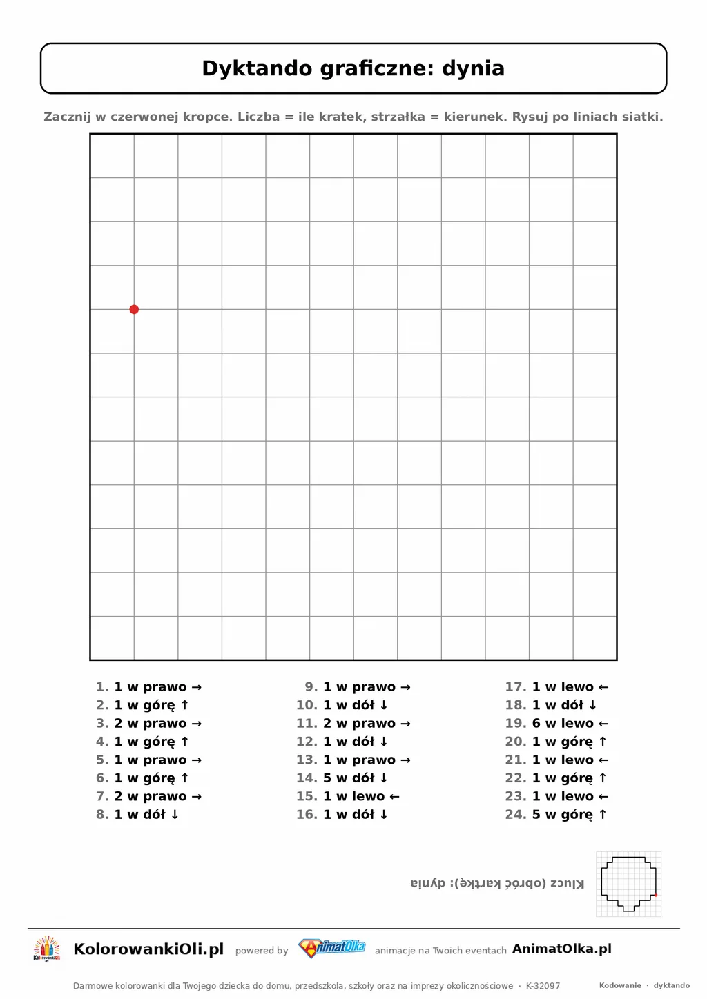 Dyktando graficzne dynia — karta pracy do druku, siatka 12×12, 24 polecenia ze strzałkami, poziom łatwy