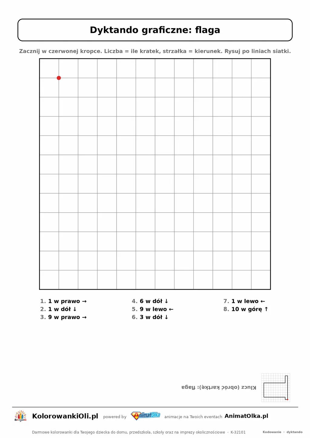 Dyktando graficzne flaga — karta pracy do druku, siatka 12×12, 8 poleceń ze strzałkami, poziom łatwy