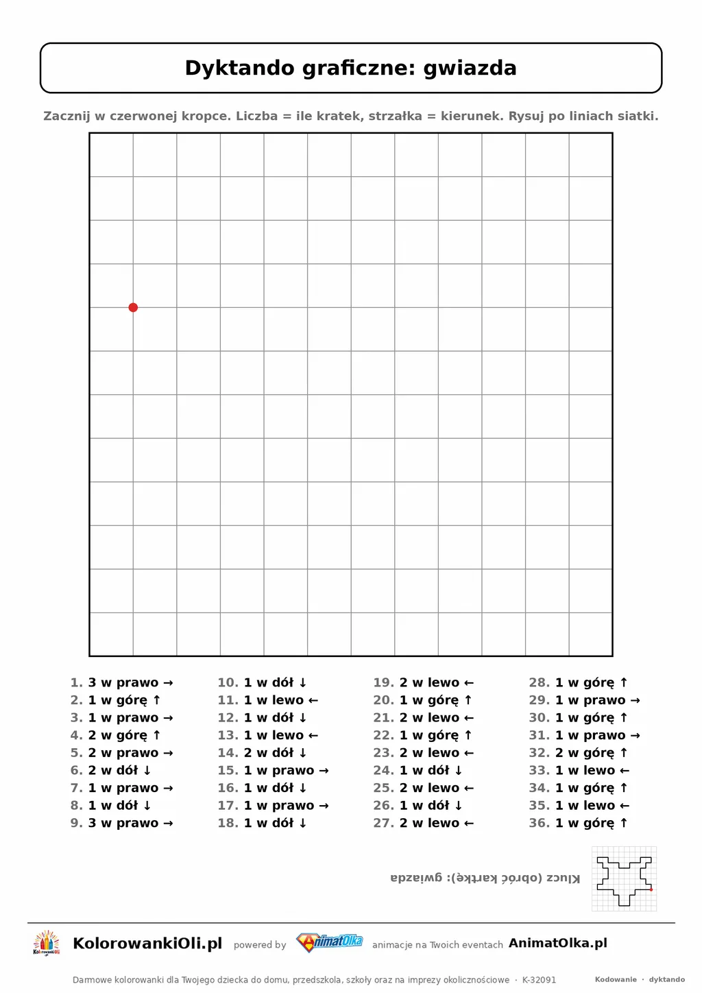 Dyktando graficzne gwiazda — karta pracy do druku, siatka 12×12, 36 poleceń ze strzałkami, poziom średni