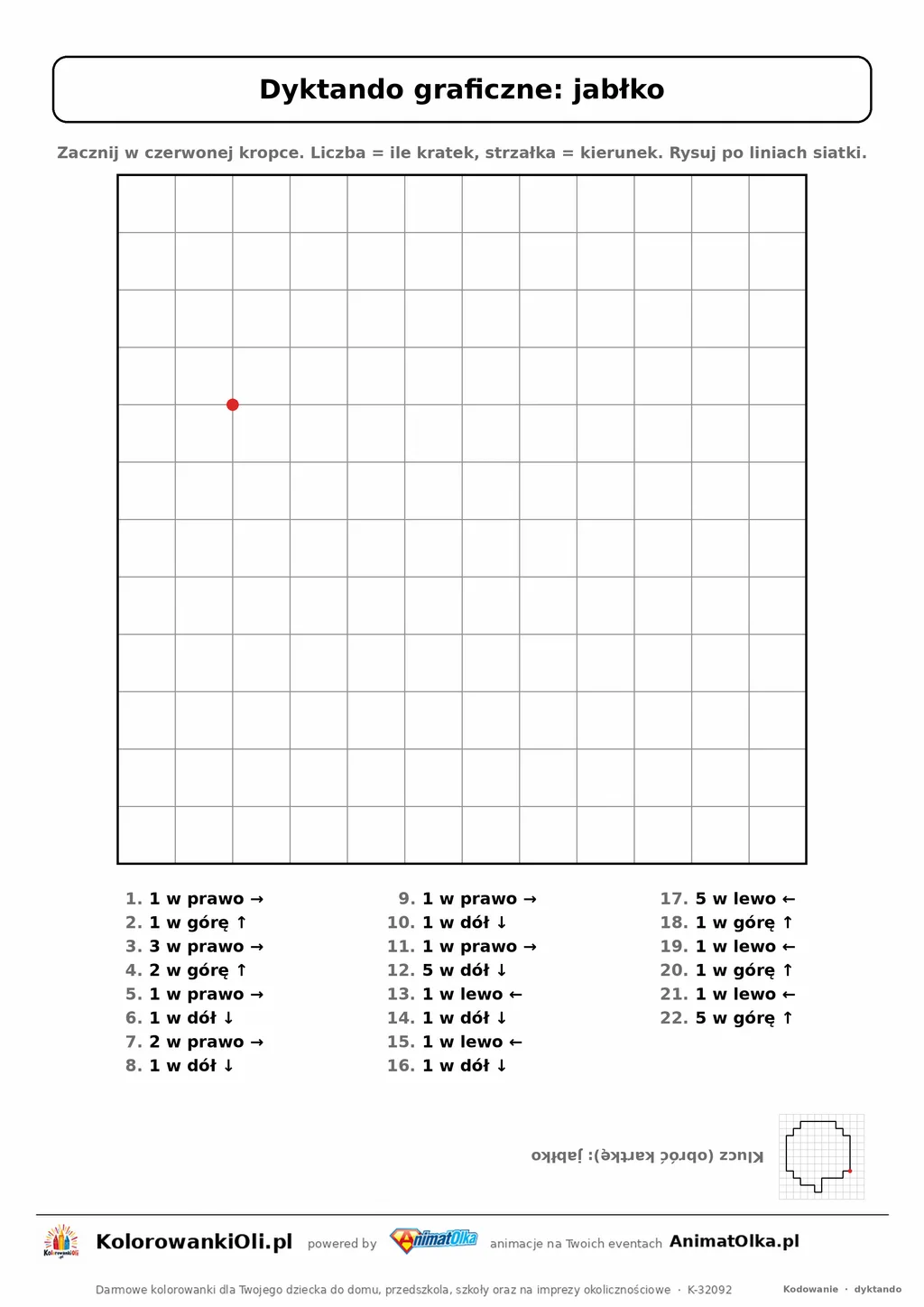 Dyktando graficzne jabłko — karta pracy do druku, siatka 12×12, 22 polecenia ze strzałkami, poziom łatwy