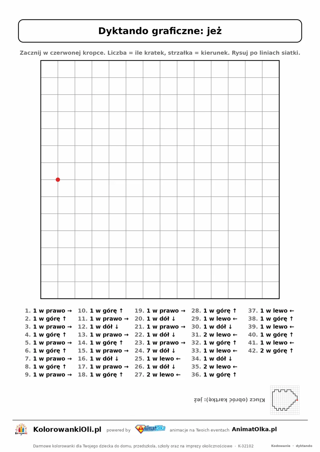 Dyktando graficzne jeż — karta pracy do druku, siatka 14×14, 42 polecenia ze strzałkami, poziom trudny