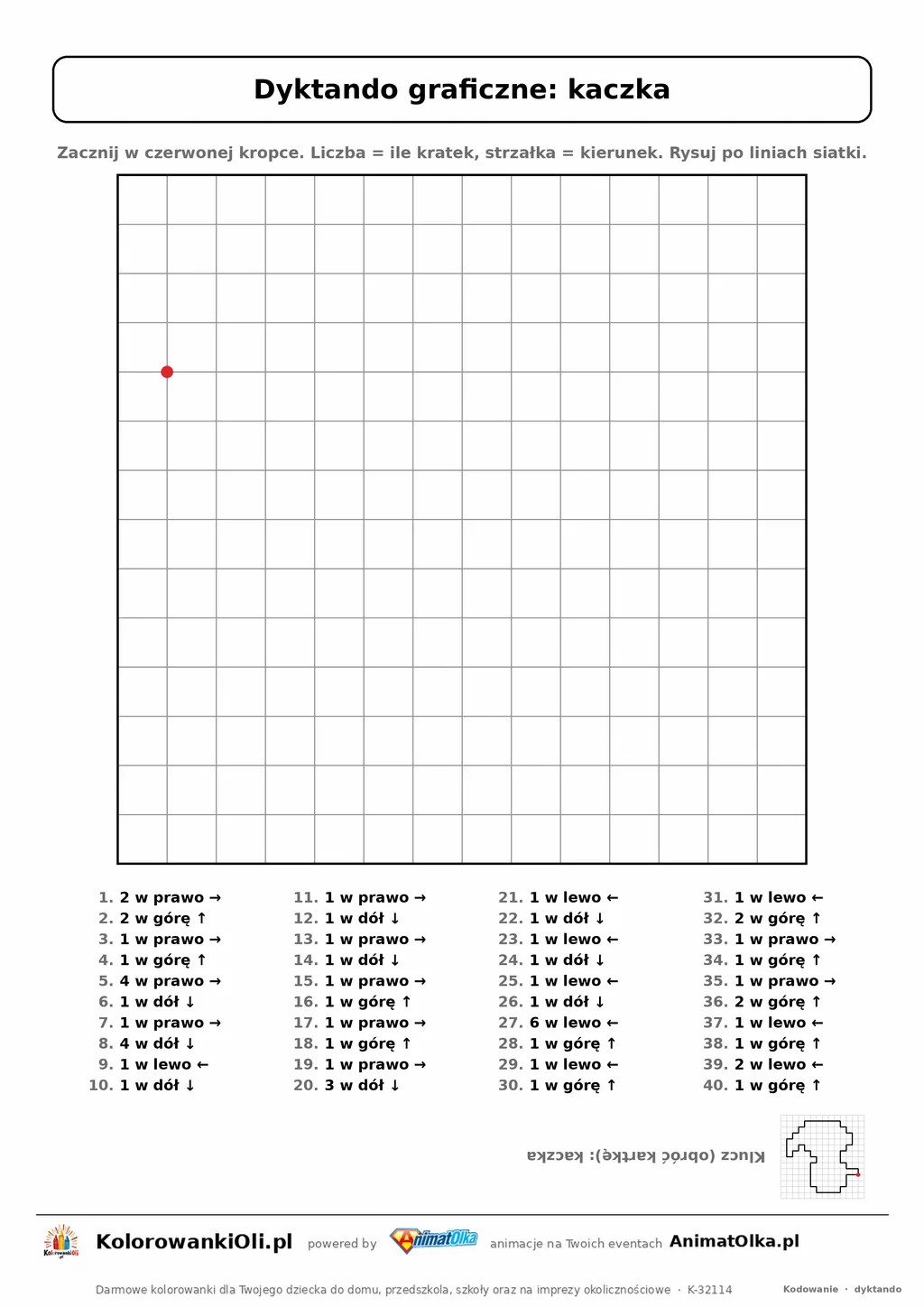 Dyktando graficzne kaczka — karta pracy do druku, siatka 14×14, 40 poleceń ze strzałkami, poziom średni