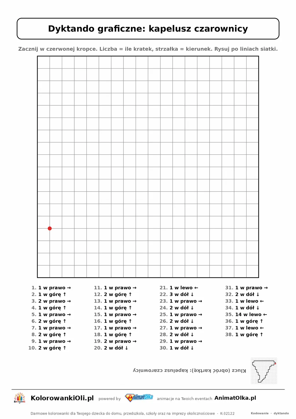 Dyktando graficzne kapelusz czarownicy — karta pracy do druku, siatka 18×18, 38 poleceń ze strzałkami, poziom średni