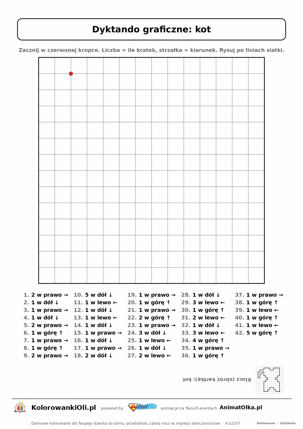 Dyktando graficzne kot — karta pracy do druku, siatka 14×14, 42 polecenia ze strzałkami, poziom trudny