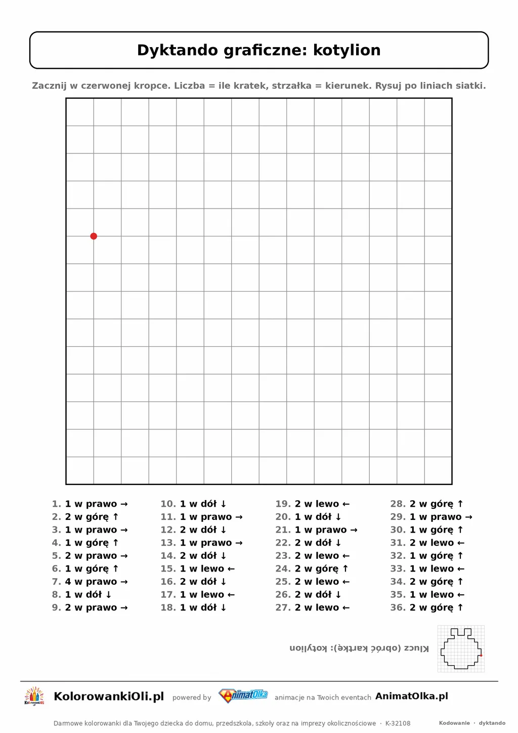 Dyktando graficzne kotylion — karta pracy do druku, siatka 14×14, 36 poleceń ze strzałkami, poziom średni