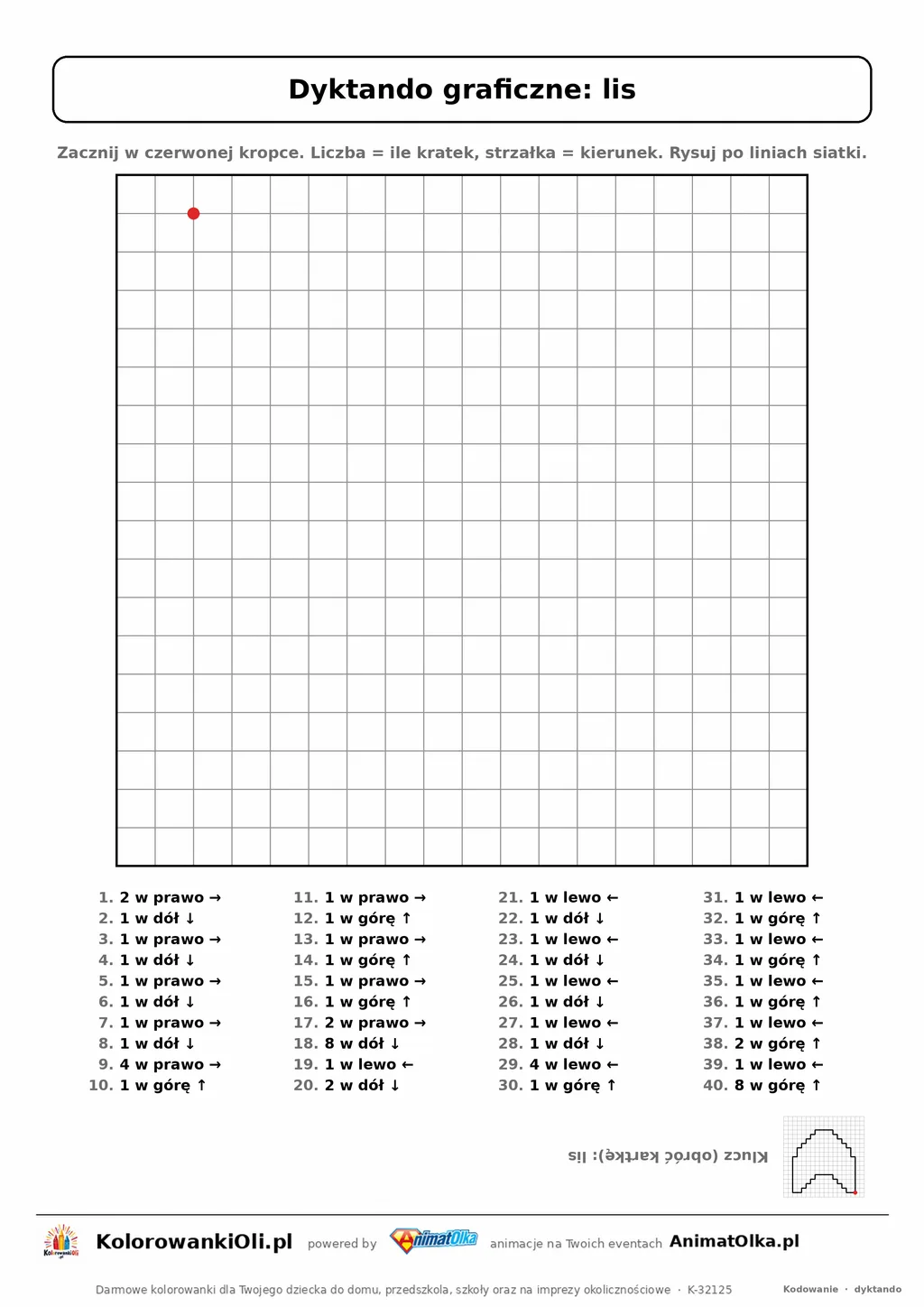 Dyktando graficzne lis — karta pracy do druku, siatka 18×18, 40 poleceń ze strzałkami, poziom średni