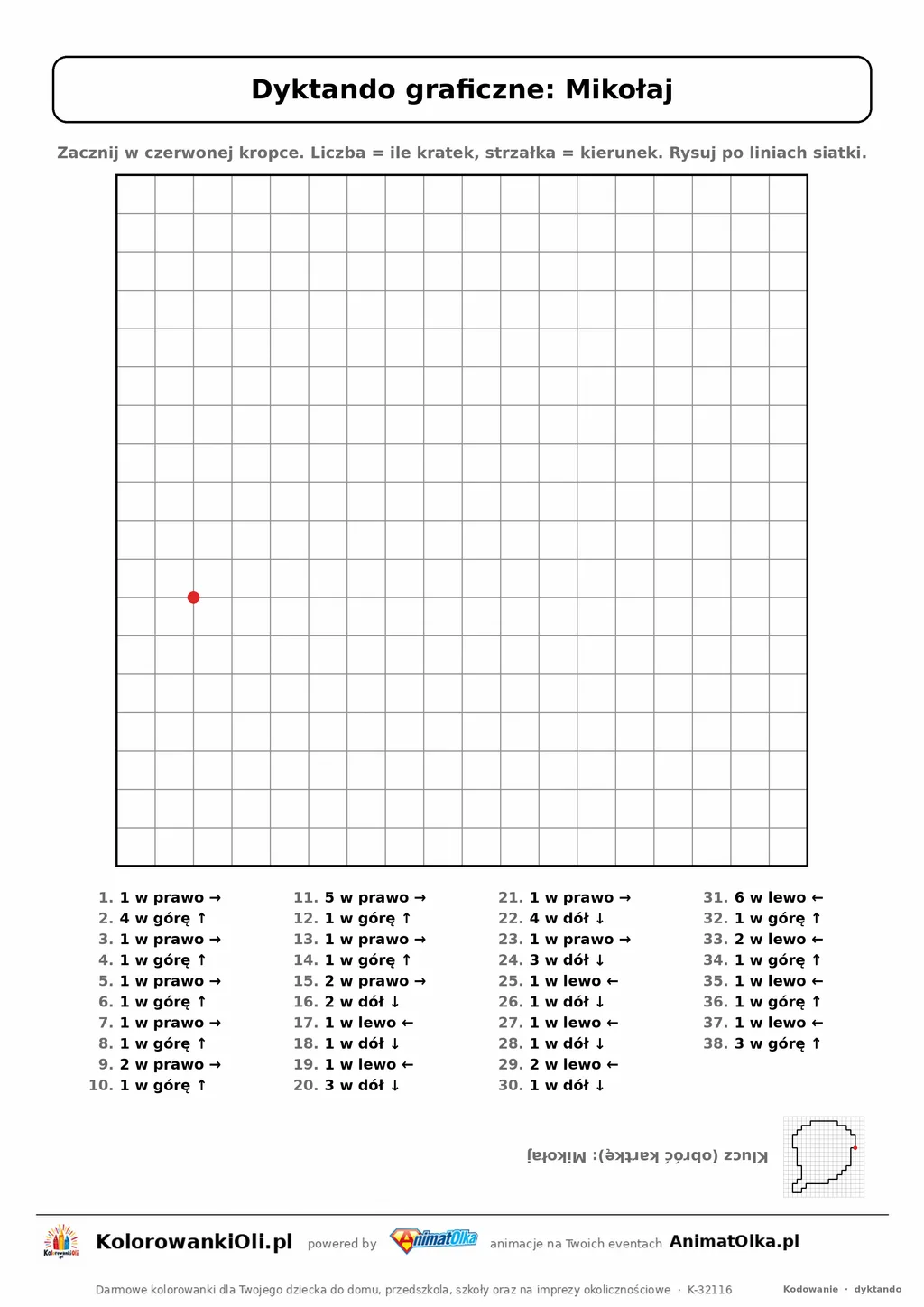 Dyktando graficzne Mikołaj — karta pracy do druku, siatka 18×18, 38 poleceń ze strzałkami, poziom średni