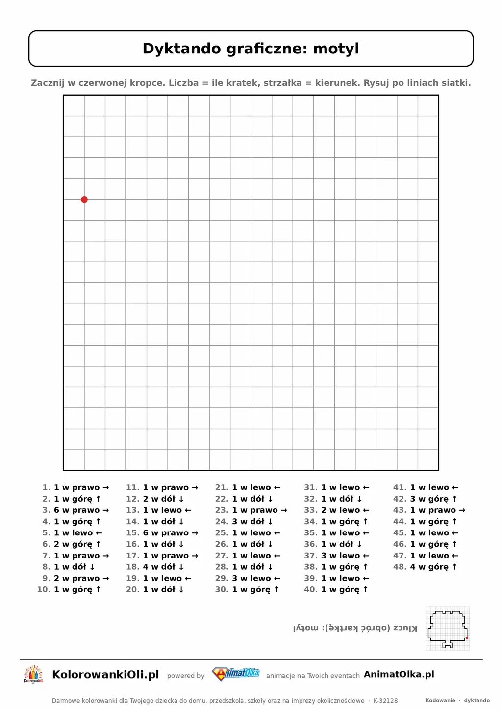 Dyktando graficzne motyl — karta pracy do druku, siatka 18×18, 48 poleceń ze strzałkami, poziom trudny