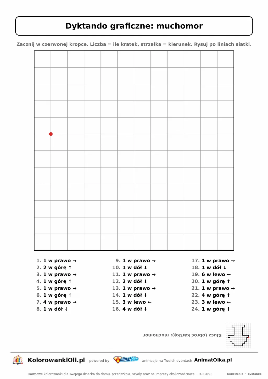 Dyktando graficzne muchomor — karta pracy do druku, siatka 12×12, 24 polecenia ze strzałkami, poziom łatwy