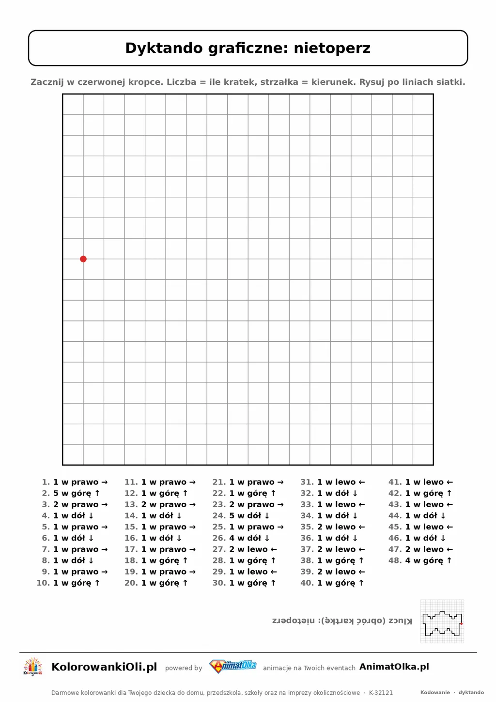Dyktando graficzne nietoperz — karta pracy do druku, siatka 18×18, 48 poleceń ze strzałkami, poziom trudny