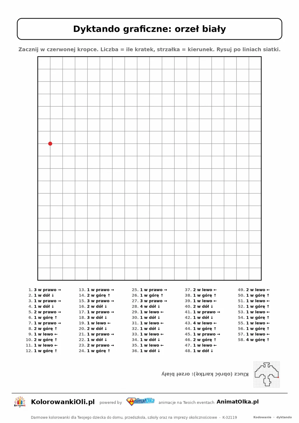 Dyktando graficzne orzeł biały — karta pracy do druku, siatka 18×18, 58 poleceń ze strzałkami, poziom trudny