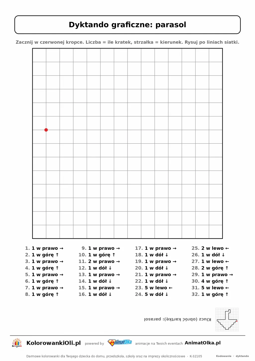 Dyktando graficzne parasol — karta pracy do druku, siatka 14×14, 32 polecenia ze strzałkami, poziom średni