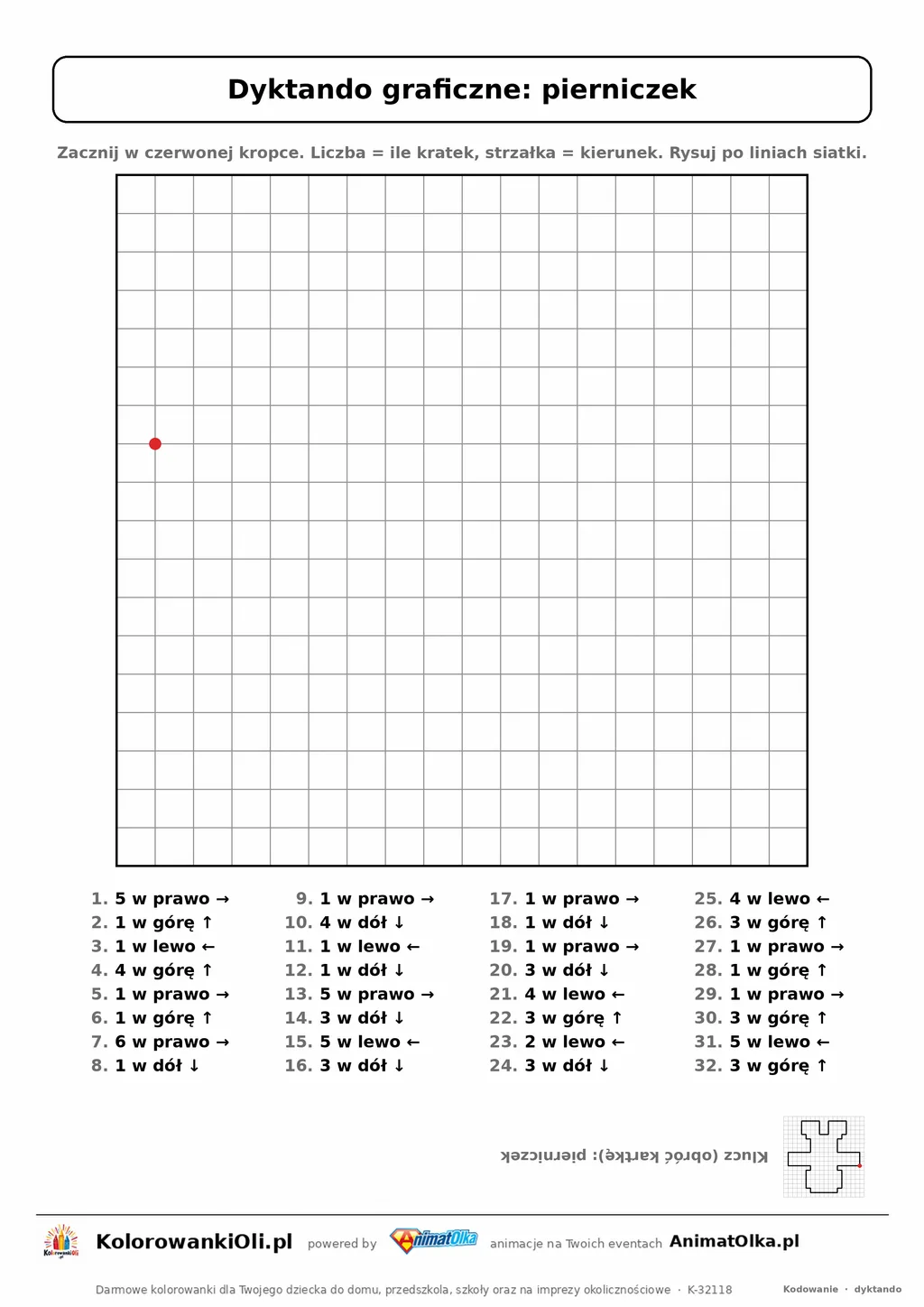 Dyktando graficzne pierniczek — karta pracy do druku, siatka 18×18, 32 polecenia ze strzałkami, poziom średni