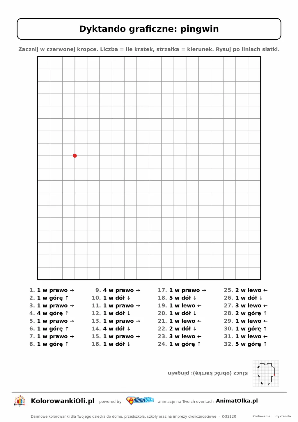Dyktando graficzne pingwin — karta pracy do druku, siatka 18×18, 32 polecenia ze strzałkami, poziom średni