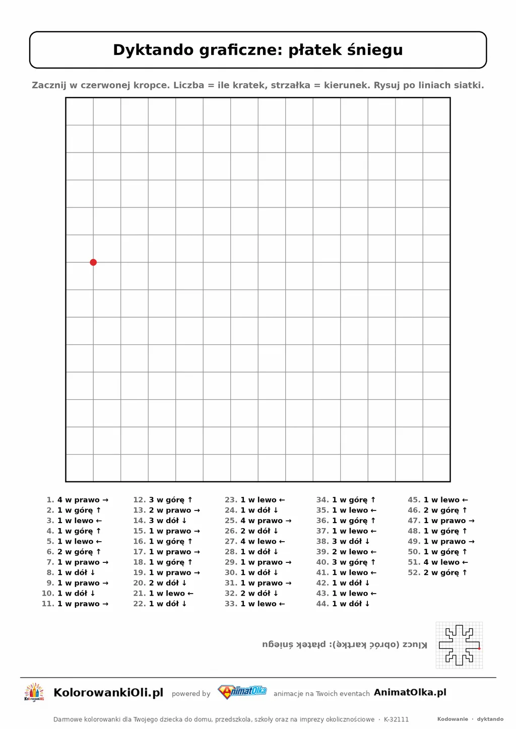 Dyktando graficzne płatek śniegu — karta pracy do druku, siatka 14×14, 52 polecenia ze strzałkami, poziom trudny