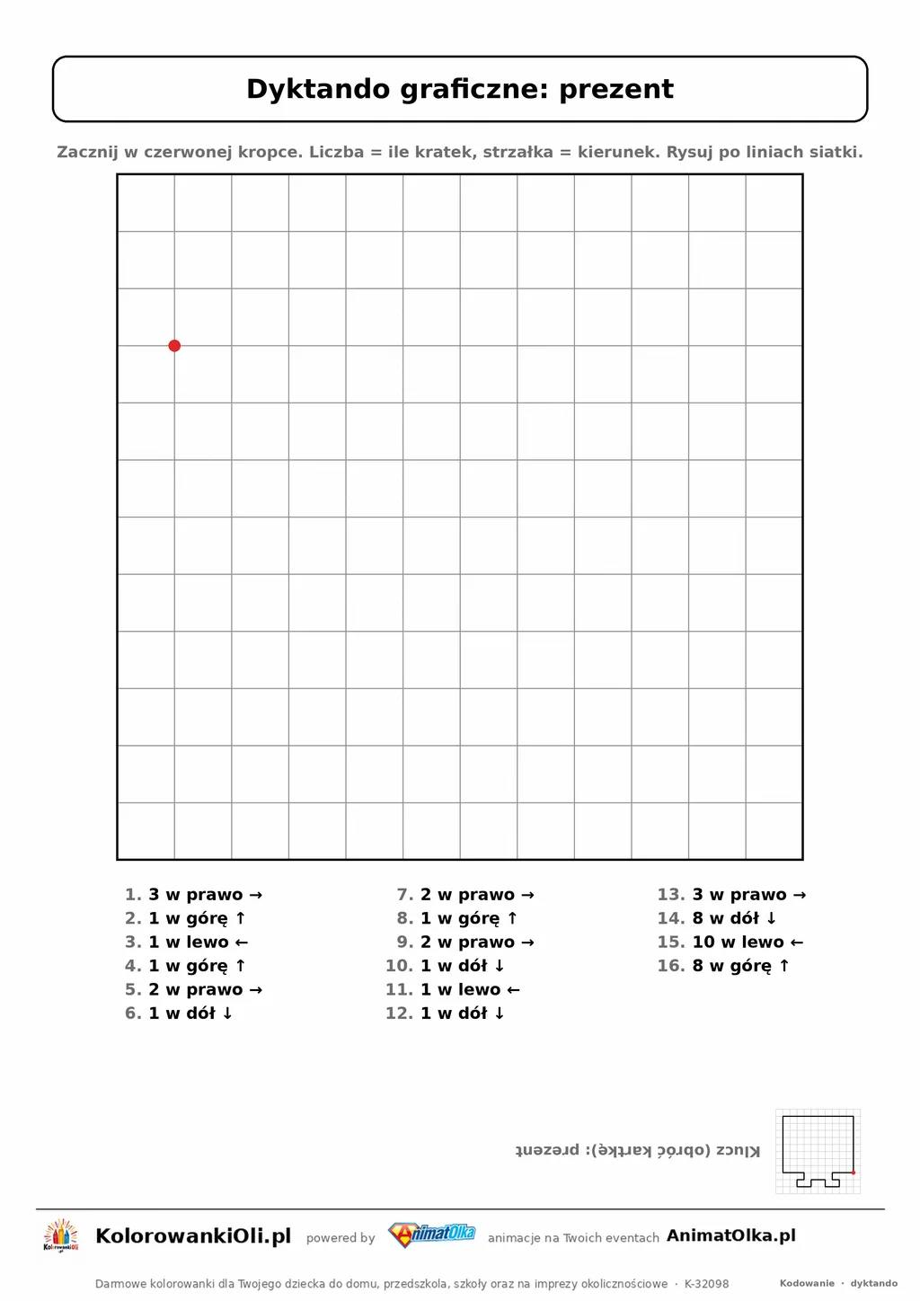 Dyktando graficzne prezent — karta pracy do druku, siatka 12×12, 16 poleceń ze strzałkami, poziom łatwy